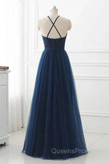 Navy Blue Tulle With Lace Applique Long Party Dress Evening Prom Dress Sleeveless Elegant