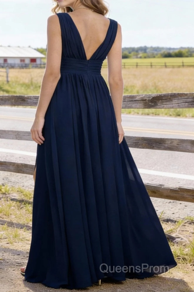 Navy Blue V Neck Chiffon Floor Length Bridesmaid Dresses Long Bridesmaid Dress With Pleated Split