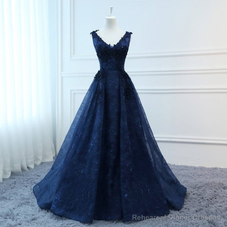 Navy Blue V-neckline Lace Long Party Dress with Flowers, Blue V-neckline Prom Dress Main image