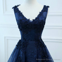 Navy Blue V-neckline Lace Long Party Dress with Flowers, Blue V-neckline Prom Dress