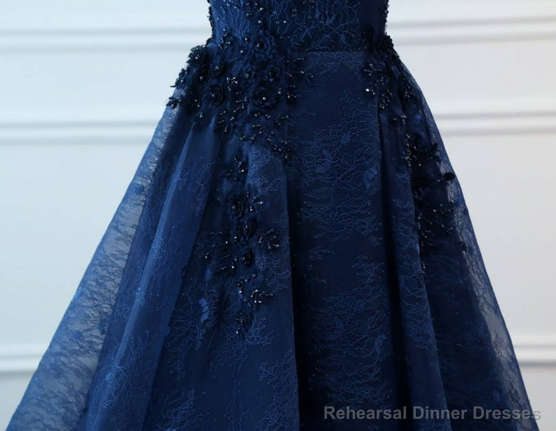 Navy Blue V-neckline Lace Long Party Dress with Flowers, Blue V-neckline Prom Dress
