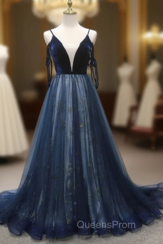 Navy Blue Velvet And Tulle Long Evening Prom Dress Party Dress, Navy Blue Evening Dress Main image