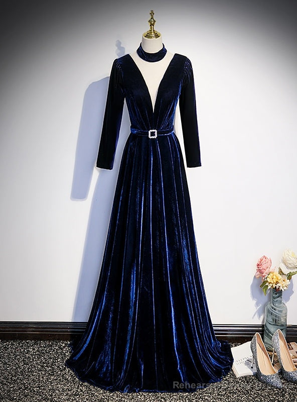 Navy Blue Velvet Long Sleeve Pleats Prom Dress Main image