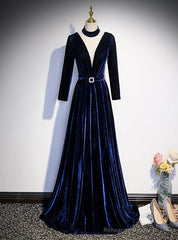 Navy Blue Velvet Long Sleeve Pleats Prom Dress