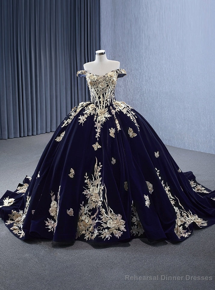 Navy Blue Velvet Off the Shoulder Appliques Prom Dress Main image