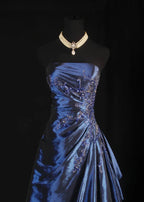 Navy Blue Vintage Elegant Fashion Ball Gown Off Shoulder Long Satin Classy Prom Dress Classy Evening Dress Party Dress