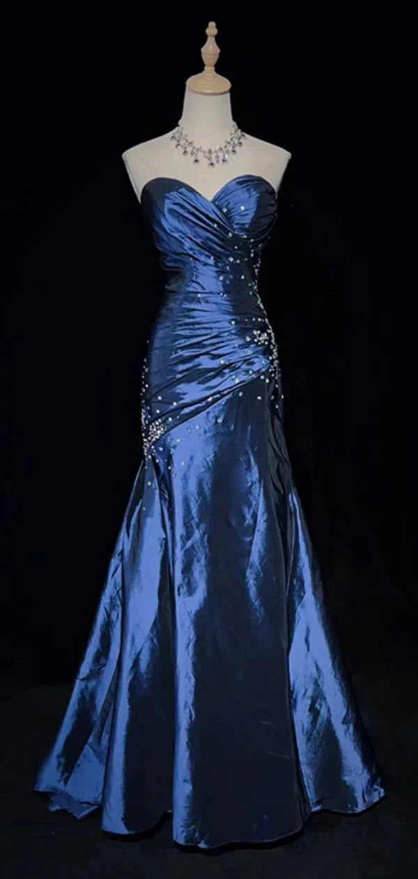 Blue Vintage Fashion Exquisite Beading Long Satin Floor Length Ball Gown Classy Evening Dress Secondary image