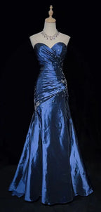 Blue Vintage Fashion Exquisite Beading Long Satin Floor Length Ball Gown Classy Evening Dress