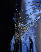Blue Vintage Fashion Exquisite Beading Long Satin Floor Length Ball Gown Classy Evening Dress