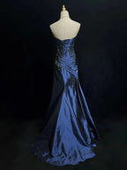 Blue Vintage Fashion Exquisite Beading Long Satin Floor Length Ball Gown Classy Evening Dress