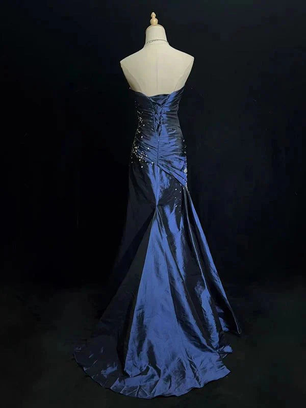 Blue Vintage Fashion Exquisite Beading Long Satin Floor Length Ball Gown Classy Evening Dress