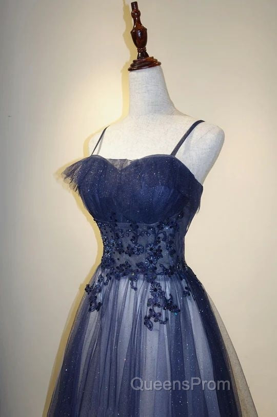 Navy Gradient A Line Tulle Long Formal Evening Prom Dress