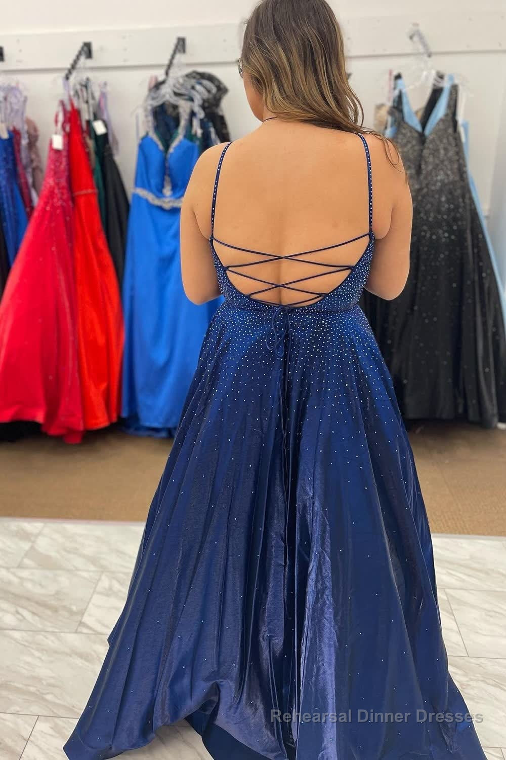 Navy Lace-up Back Beading A Line Prom Dress Secondary image