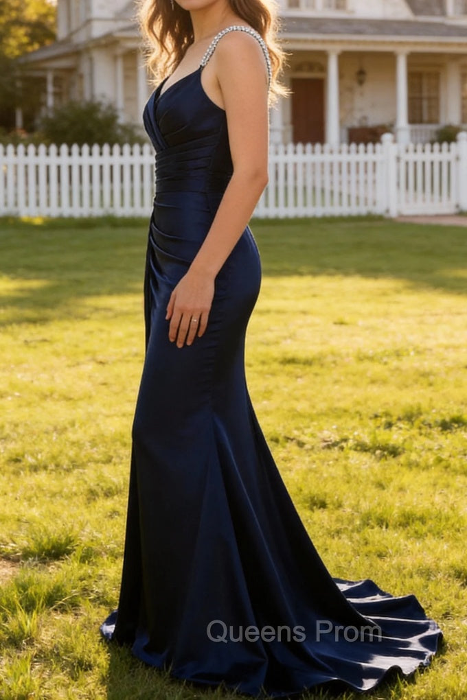 Navy Mermaid Spaghetti Straps Pleated Corset Long Prom Dress With Slit Secondary image