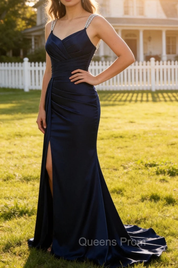 Navy Mermaid Spaghetti Straps Pleated Corset Long Prom Dress With Slit