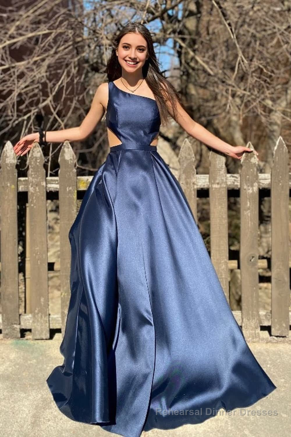 Navy One Shoulder A-Line Long Prom Dress Main image
