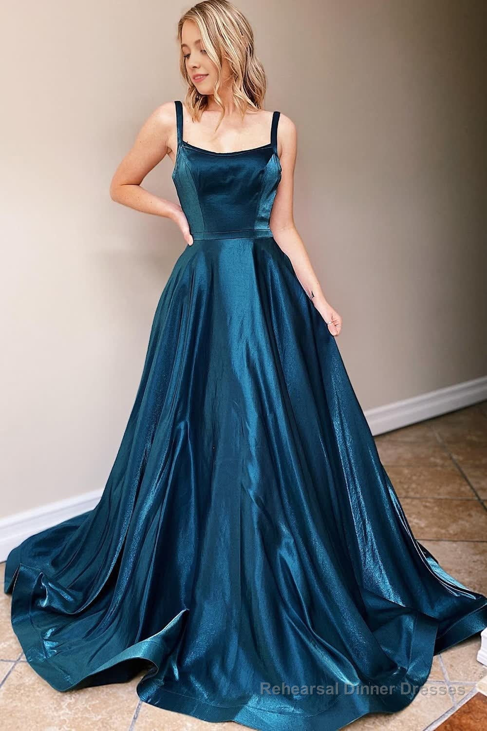 Navy Satin Spaghetti Straps A-Line Prom Dress Main image