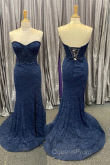 Mint Green Lace Strapless Mermaid Long Evening Prom Dress with Slit