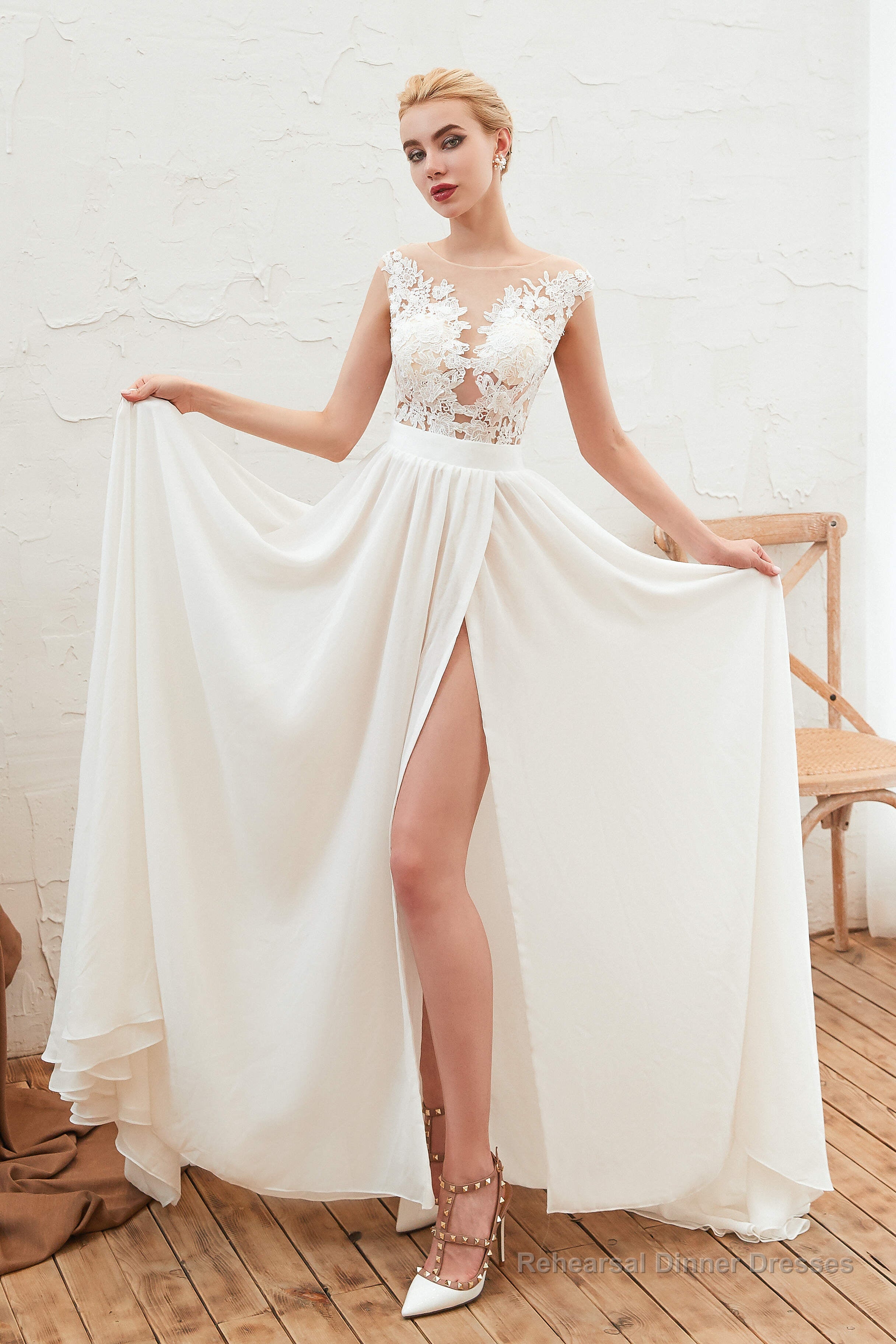 Neck Lace Top White Wedding Dresses with Slit