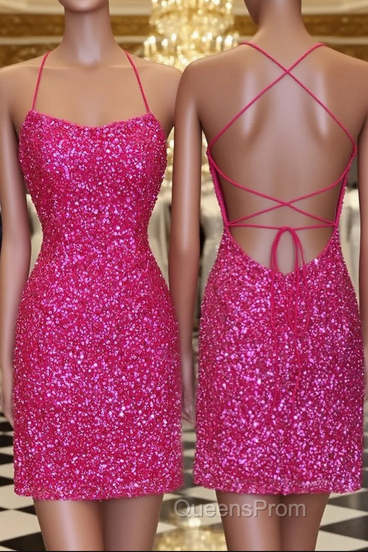 Neon Pink Sequin Bodycon Mini Homecoming Dress Main image