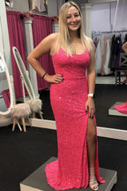 Neon Pink Sequin Mermaid Long Classy Dress