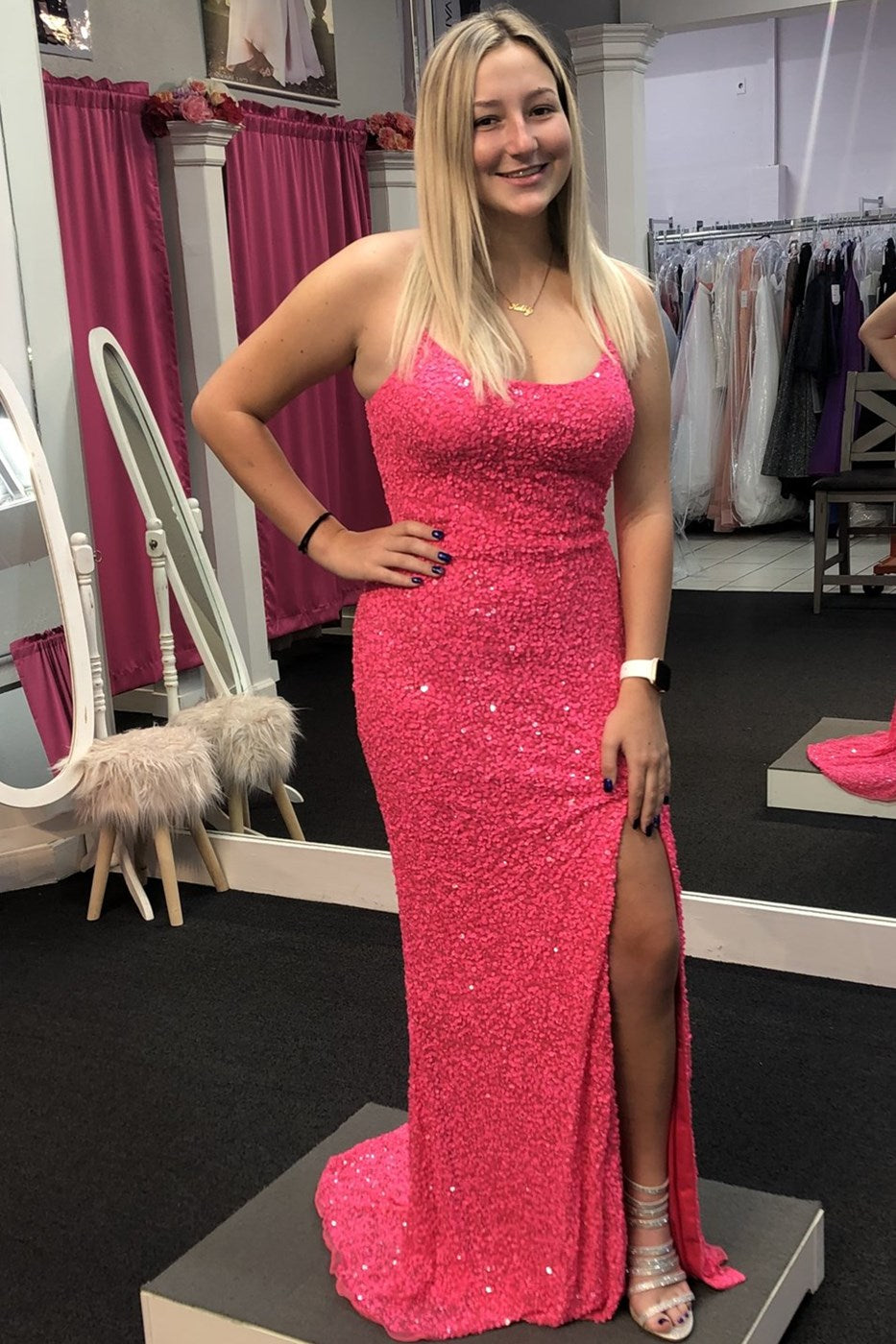 Neon Pink Sequin Mermaid Long Classy Dress