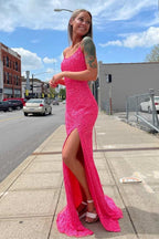 Neon Pink Sequin Mermaid Long Classy Dress