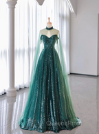 New A-Line Dark Green Evening Prom Dress, Off-The-Shoulder Evening Prom Dress With Cape, Sweeping Tail Evening Prom Dress