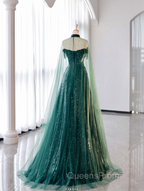 New A-Line Dark Green Evening Prom Dress, Off-The-Shoulder Evening Prom Dress With Cape, Sweeping Tail Evening Prom Dress