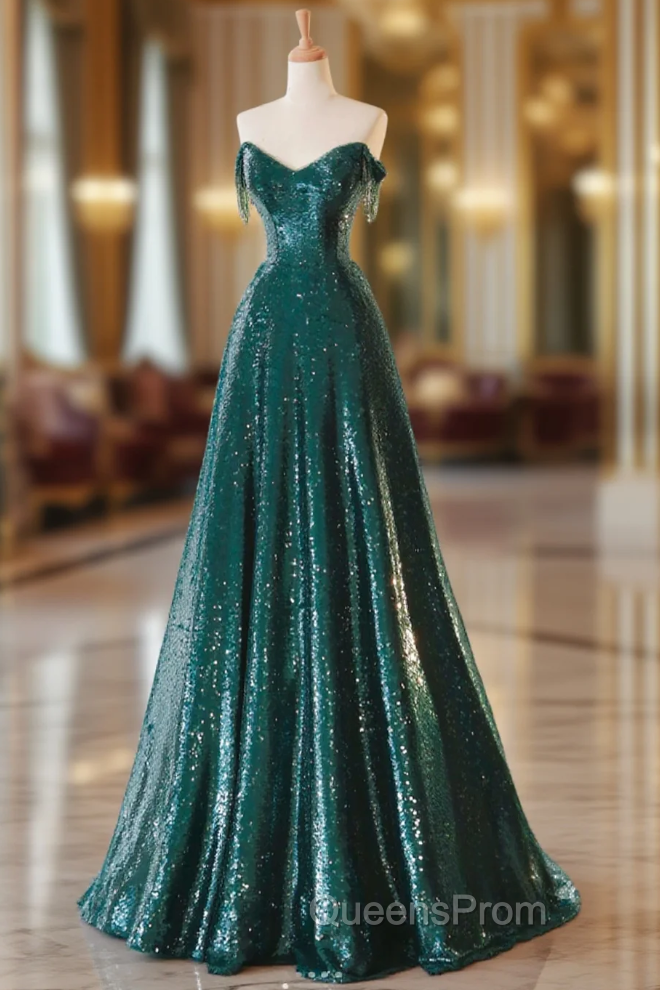 New A-Line Dark Green Evening Prom Dress, Off-The-Shoulder Evening Prom Dress With Cape, Sweeping Tail Evening Prom Dress