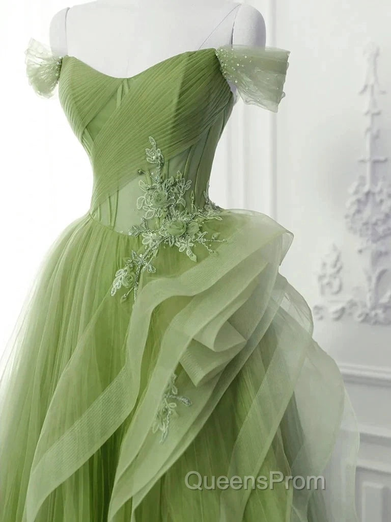 New Arrival A-Line Tulle Lace Green Long Evening Prom Dress, Green Lace Long Formal Dress Secondary image