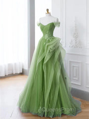 New Arrival A-Line Tulle Lace Green Long Evening Prom Dress, Green Lace Long Formal Dress