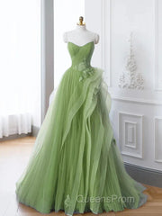 New Arrival A-Line Tulle Lace Green Long Evening Prom Dress, Green Lace Long Formal Dress
