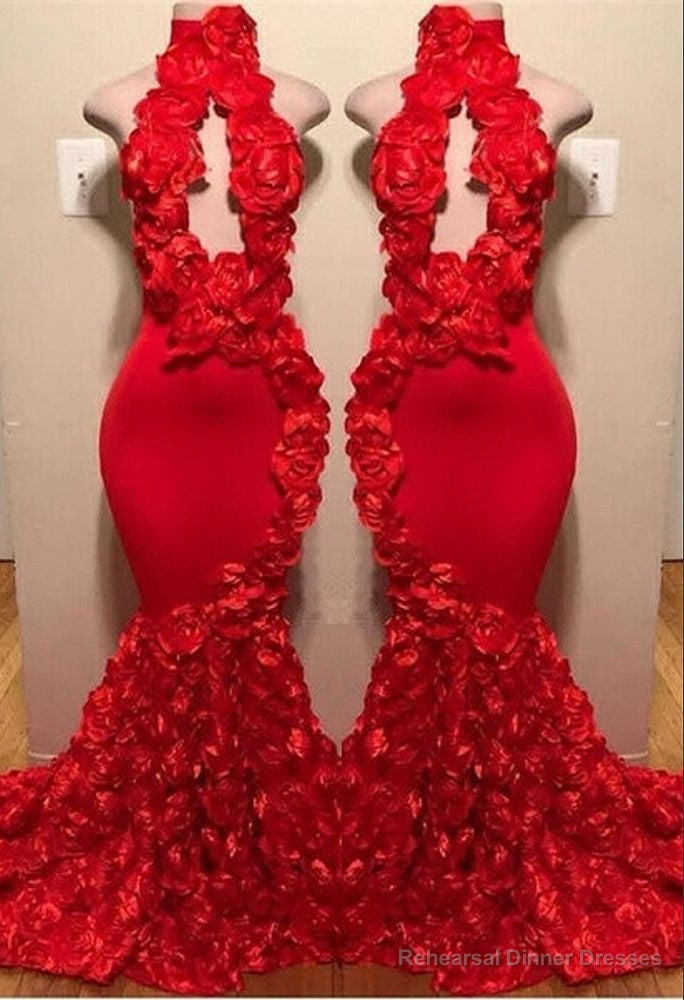 New Arrival Red Keyhole Mermaid Flowers Halter Sleeveless Long Prom Dresses Secondary image