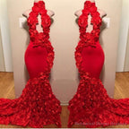 New Arrival Red Keyhole Mermaid Flowers Halter Sleeveless Long Prom Dresses