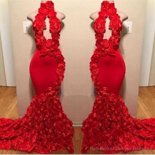 New Arrival Red Keyhole Mermaid Flowers Halter Sleeveless Long Prom Dresses