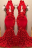 New Arrival Red Keyhole Mermaid Flowers Halter Sleeveless Long Prom Dresses
