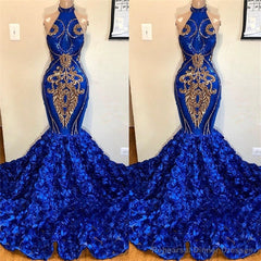 New Arrival Royal Blue Halter Mermaid Prom Dresses Gorgeous Sleeveless Flowers Long Evening Gowns