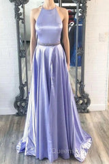 New Brand Lavender Satin A Line O Neck Long Evening Prom Dress, Party Dress