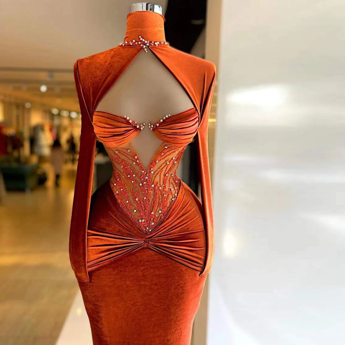 New Elegant Classy Prom Dress Beading Sequined Hight Neck Long Sleeve Pleat Tight Classy Evening Dress For Ladies Robes De Soir¨¦E Secondary image