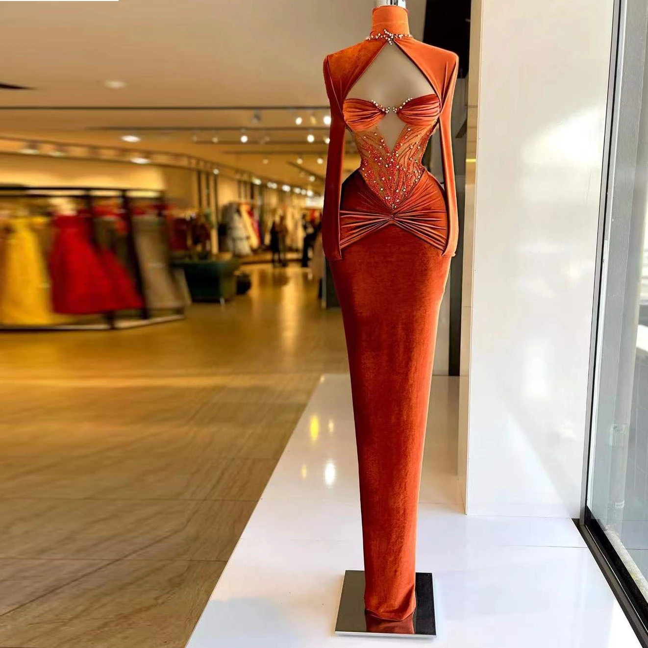 New Elegant Classy Prom Dress Beading Sequined Hight Neck Long Sleeve Pleat Tight Classy Evening Dress For Ladies Robes De Soir¨¦E Main image