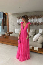 New Hot Pink Backless Long Classy Prom Dress V Neck Classy Gown