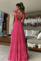 New Hot Pink Backless Long Classy Prom Dress V Neck Classy Gown