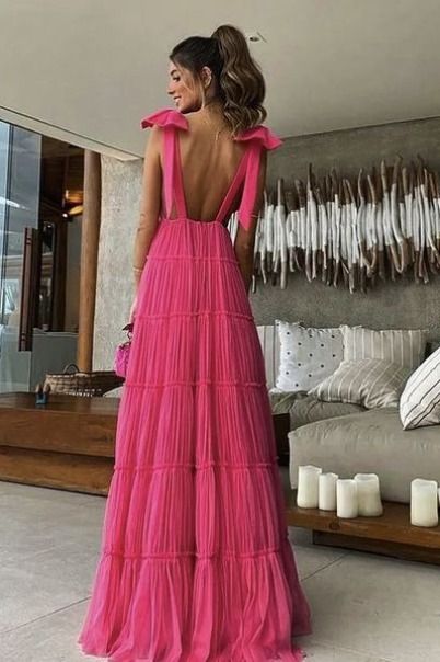New Hot Pink Backless Long Classy Prom Dress V Neck Classy Gown