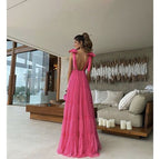 New Hot Pink Backless Long Classy Prom Dress V Neck Classy Gown