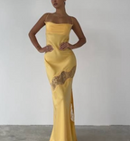 Yellow New Lace Spaghetti Straps Sexy Backless Mid-Length Elegant Satin Classy Prom Dress Classy Evening Dress Party Dress