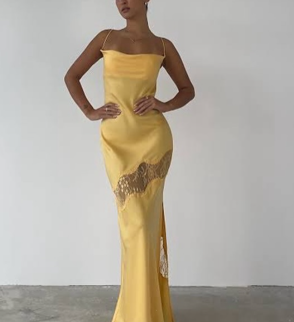 Yellow New Lace Spaghetti Straps Sexy Backless Mid-Length Elegant Satin Classy Prom Dress Classy Evening Dress Party Dress
