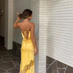 Yellow New Lace Spaghetti Straps Sexy Backless Mid-Length Elegant Satin Classy Prom Dress Classy Evening Dress Party Dress