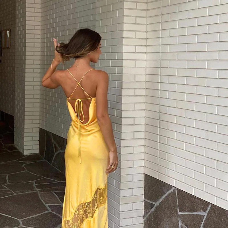 Yellow New Lace Spaghetti Straps Sexy Backless Mid-Length Elegant Satin Classy Prom Dress Classy Evening Dress Party Dress