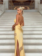 Yellow New Lace Spaghetti Straps Sexy Backless Mid-Length Elegant Satin Classy Prom Dress Classy Evening Dress Party Dress